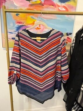 Ruby Rd. Chevron Striped V-Neck Tunic in Navy, Red, Pink, Cream Medium oversized